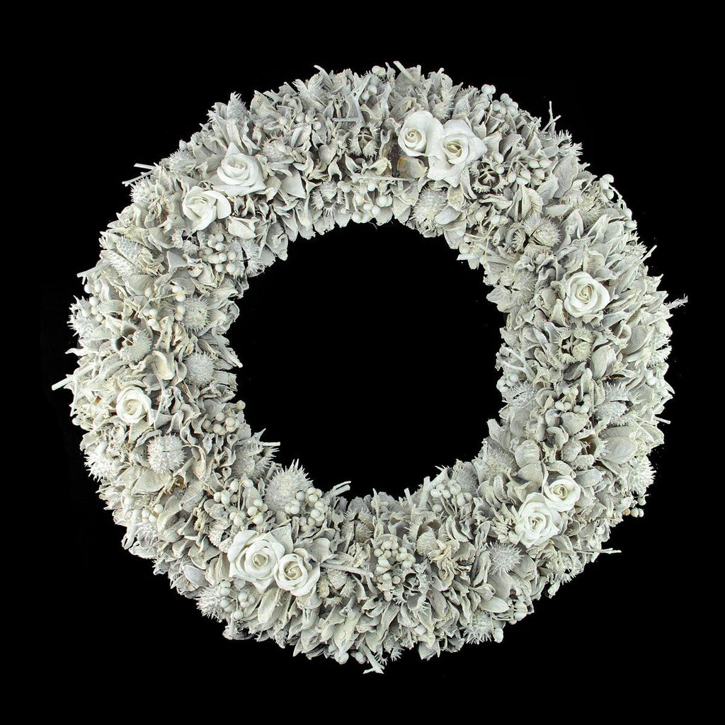 19" White Glitter Rose and Walnut Shell Artificial Christmas Wreath - Unlit