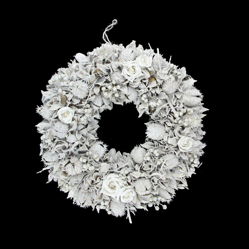 13.5" White Glitter Rose and Walnut Shell Artificial Christmas Wreath - Unlit