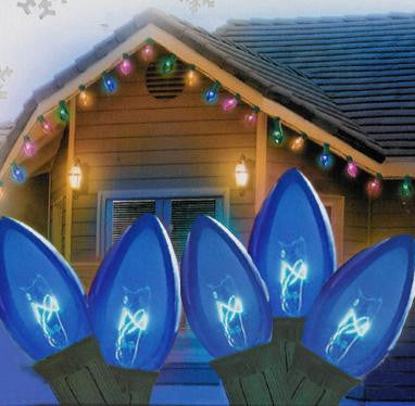 Set of 25 Transparent Blue C9 Christmas Lights 12" Spacing - Green Wire