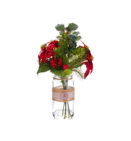 16.5" Artificial Red Poinsettia, Holly and Pine Christmas Arrangements with Glass Vase