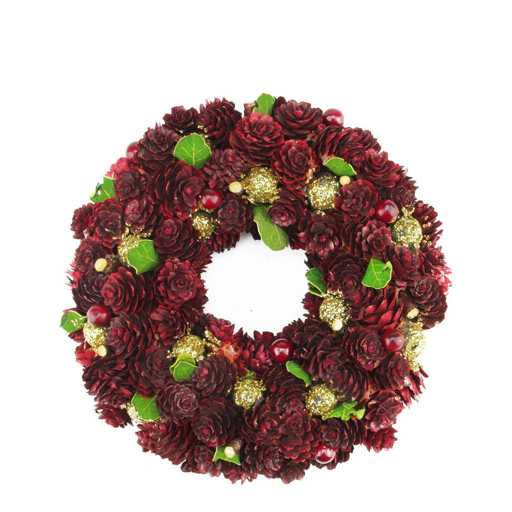 9.5" Wine Burgundy and Gold Glitter Pine Cone Artificial Christmas Wreath - Unlit