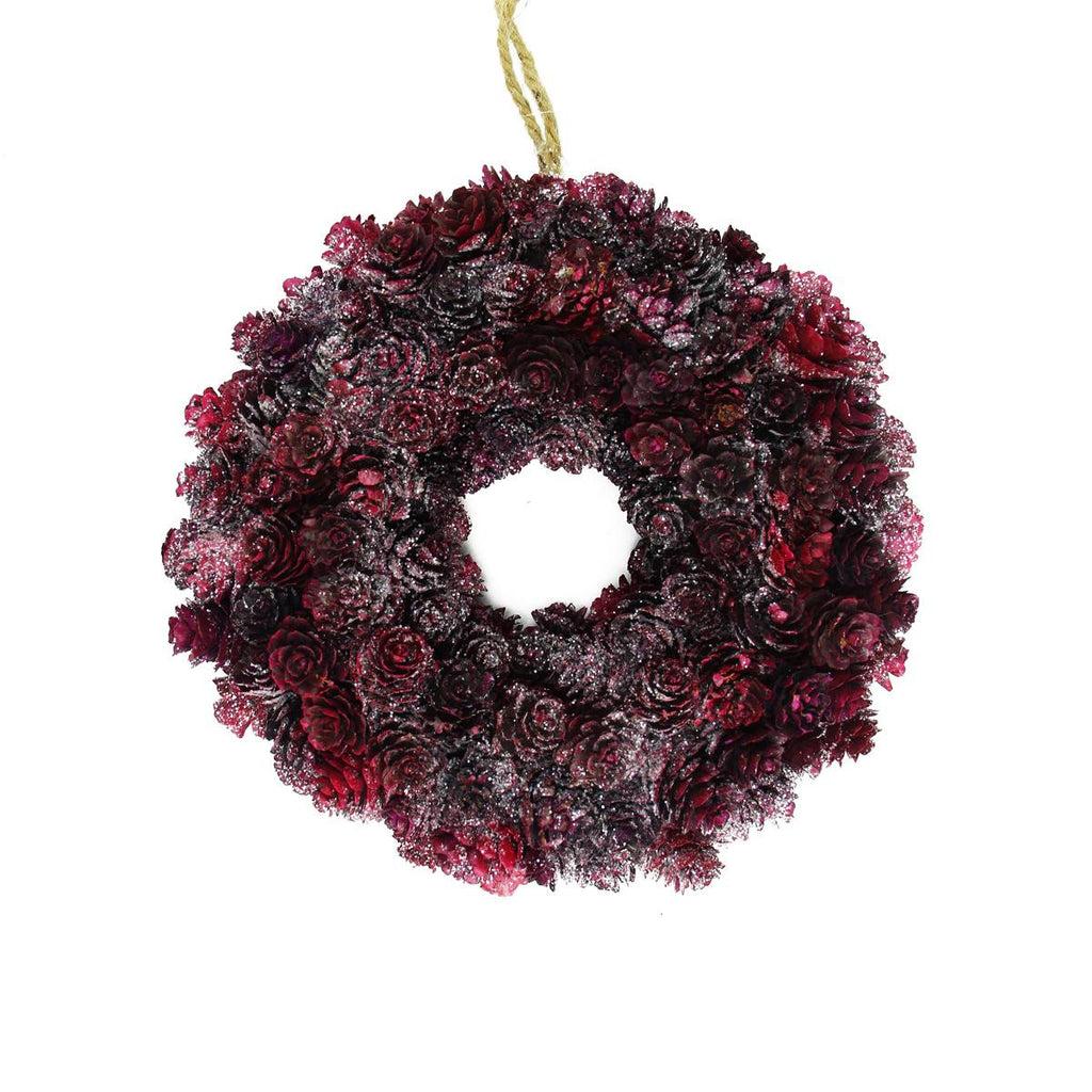 9" Wine Burgundy Glitter Pine Cone Artificial Christmas Wreath - Unlit