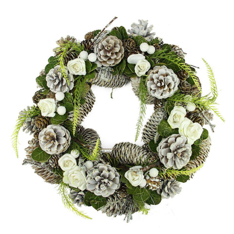 13" White Frosted Pine Cone, Roses and Twigs Artificial Christmas Wreath - Unlit