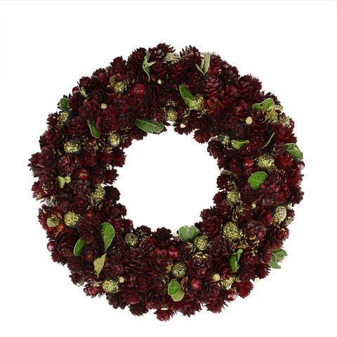 18" Wine Burgundy and Gold Glitter Pine Cone Artificial Christmas Wreath - Unlit