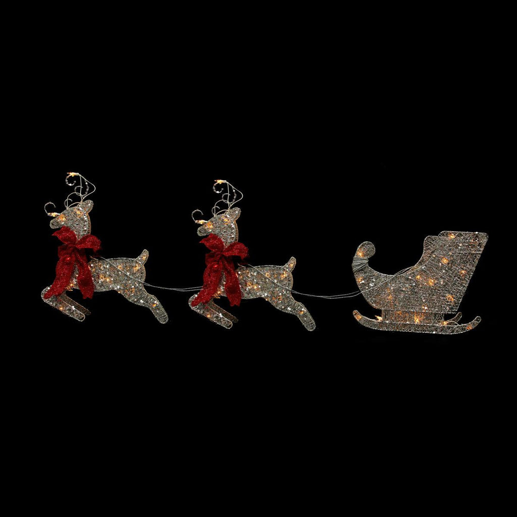 Set of 3 Pre-Lit Glittered Flying Reindeer with Sled Christmas Yard Art Decoration 19"