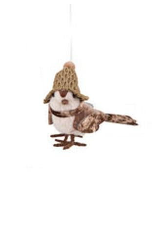 5.25" Country Cabin Decorative Cozy Brown Bird with Winter PomPom Hat Christmas Ornament