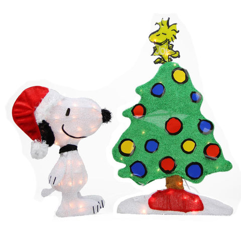 24" Pre-Lit 2-D Peanuts Snoopy and Christmas Tree Yard Art Decoration - Clear Lights