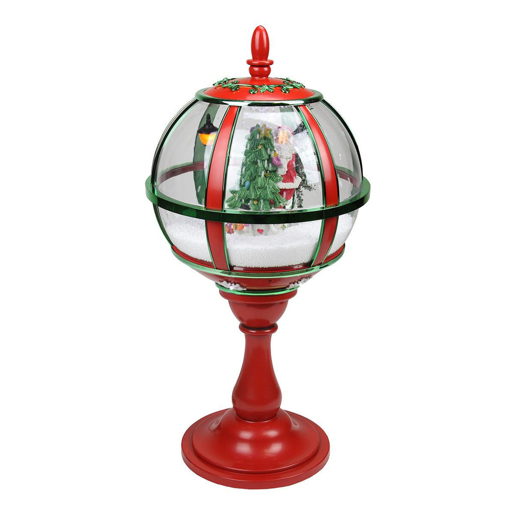 23.5" Lighted Red and Green Musical Snowing Santa with Christmas Tree Table Top Street Lamp