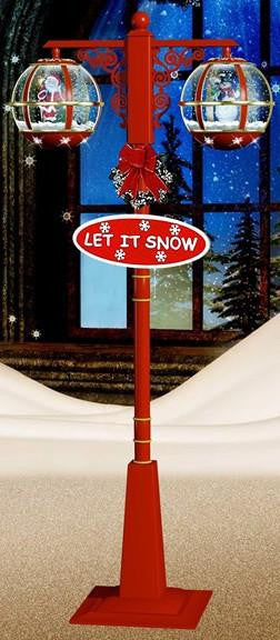 74" Lighted Red and Gold Musical Snowing Santa and Snowman Double Christmas Street Lamp