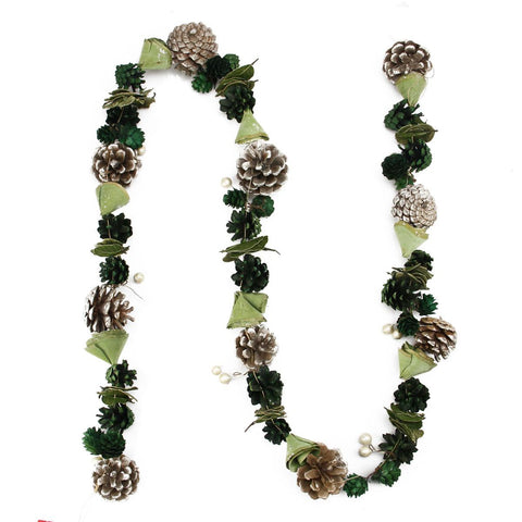 5' Decorative Green Pine Cone, Wooden Rose and Faux Pearl Artificial Christmas Garland - Unlit