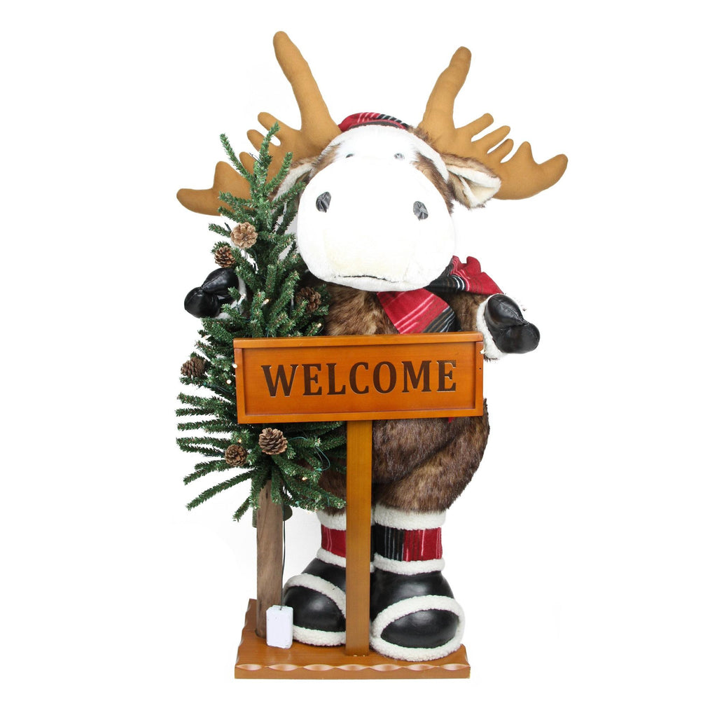 3' Battery Operated Lighted Moose with Welcome Stick Christmas Figure on Wooden Base