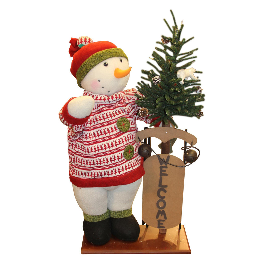 3' Battery Operated Lighted Snowman with Welcome Sled Christmas Figure on Wooden Base