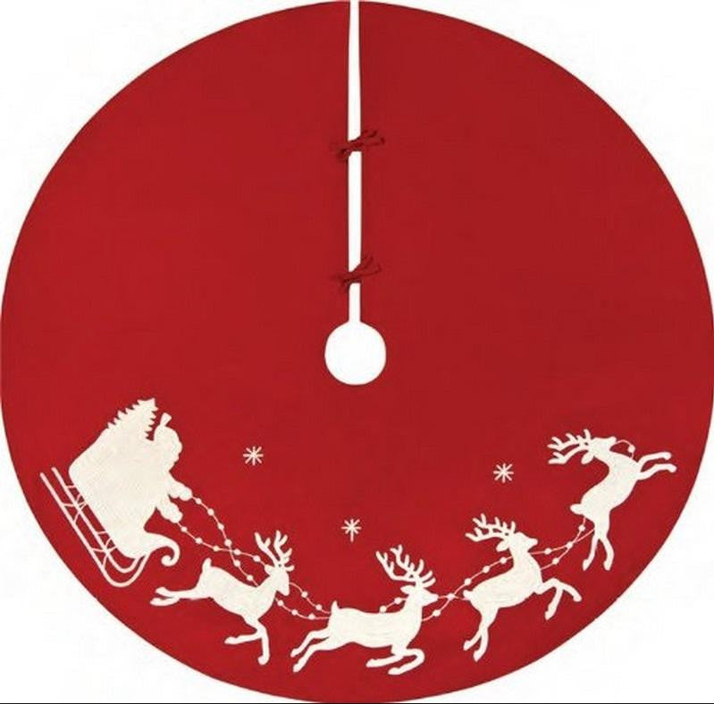 54" Red and White Embroided Rice Stitch Flying Sleigh Christmas Tree Skirt