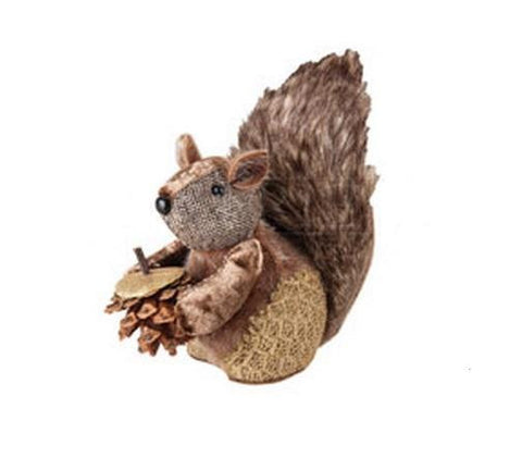 6" Country Cabin Decorative Fur Trim Squirrel with Pine Cone Christmas Tabletop Figurene