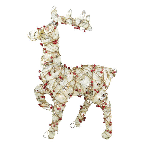 28" Lighted Standing Burlap and Berry Rattan Reindeer Christmas Yard Art Decoration