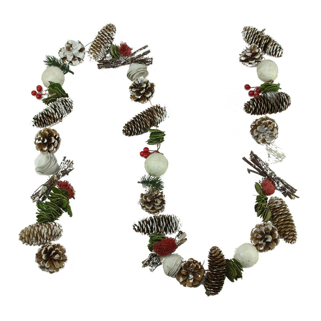 5' Frosted Pine Cone, Natural Twig, Berry and Wooden Rose Artificial Christmas Garland - Unlit