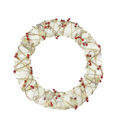 18" Pre-Lit Burlap and Berry Rattan Artificial Christmas Wreath - Clear Lights