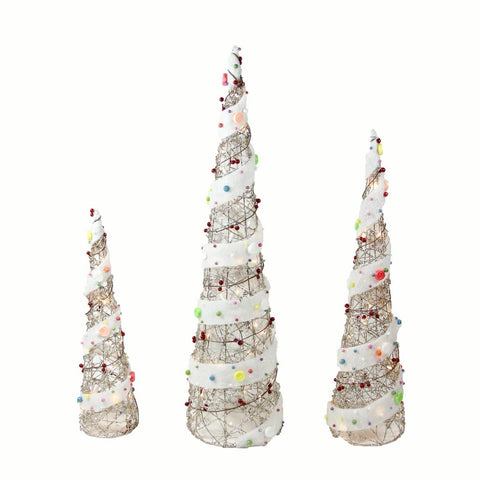 Set of 3 Lighted Champagne Gold Rattan Candy Covered Cone Tree Christmas Yard Art Decorations 39.25"