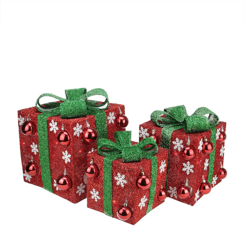 Set of 3 Red Tinsel Gift Boxes with Green Bows Lighted Christmas Yard Art Decorations