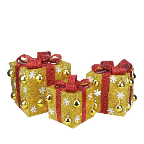 Set of 3 Gold Tinsel Gift Boxes with Red Bows Lighted Christmas Yard Art Decorations