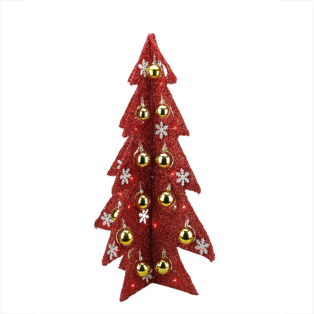 28" Battery Operated Decorated Red Tinsel LED Lighted Christmas Tree Table Top Decoration