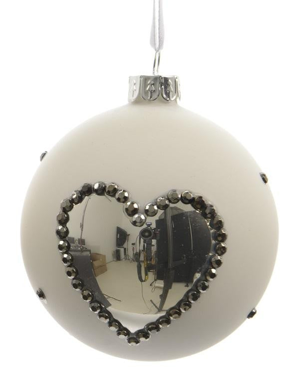 Set of 3 Winter Light White with Silver Heart Glass Christmas Ball Ornaments 3" (80mm)