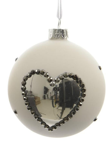 Set of 3 Winter Light White with Silver Heart Glass Christmas Ball Ornaments 3" (80mm)