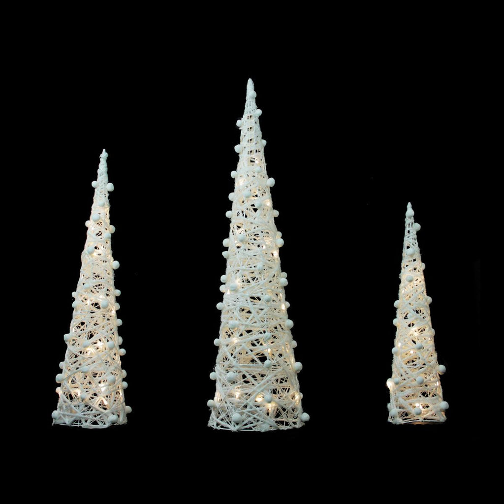 Set of 3 Battery Operated White and Silver Glittered LED Lighted Cone Tree Christmas Decoration 39.25"