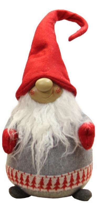 24" Gray and Red Portly Grinning Gnome Christmas Decoration with Nordic Inspired Trim