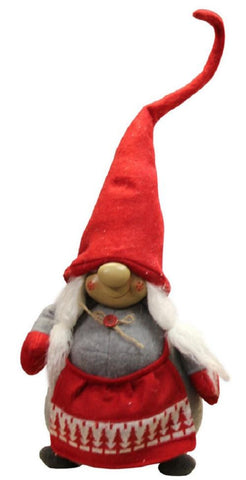 24" Grinning Female Gnome Decoration with Red Apron and Twine Bow