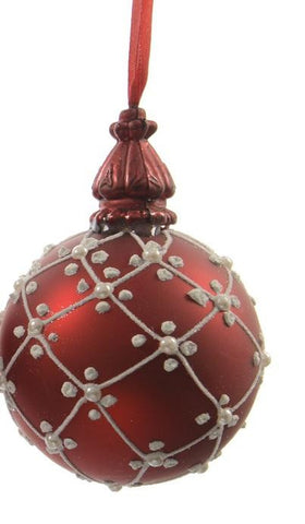 Alpine Chic Red with White Decorative Lattice Design Glass Christmas Ball Ornament 3.25" (80mm)