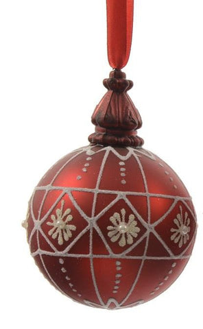 Alpine Chic Red with White Decorative Geometric Design Glass Christmas Ball Ornament 3.25" (80mm)