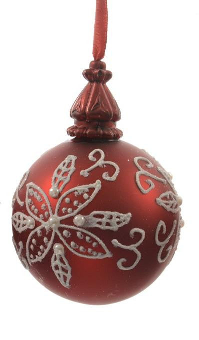 Alpine Chic Red with White Decorative Floral Design Glass Christmas Ball Ornament 3.25" (80mm)