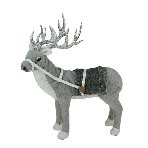 15" Winter Light Gray and White Standing Deer With Saddle Christmas Table Top Decoration