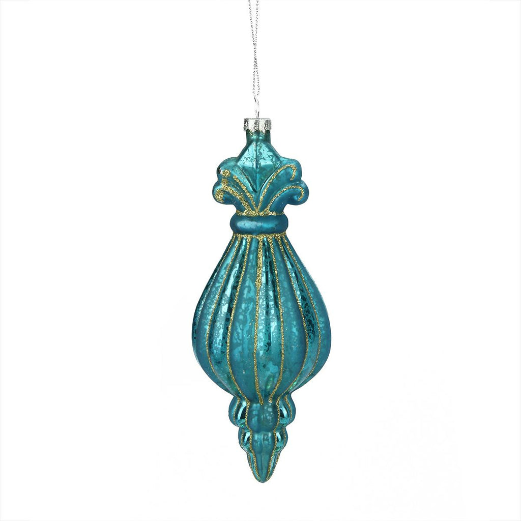 7" Merry & Bright Turquoise Ribbed Mercury Glass Christmas Finial Ornament