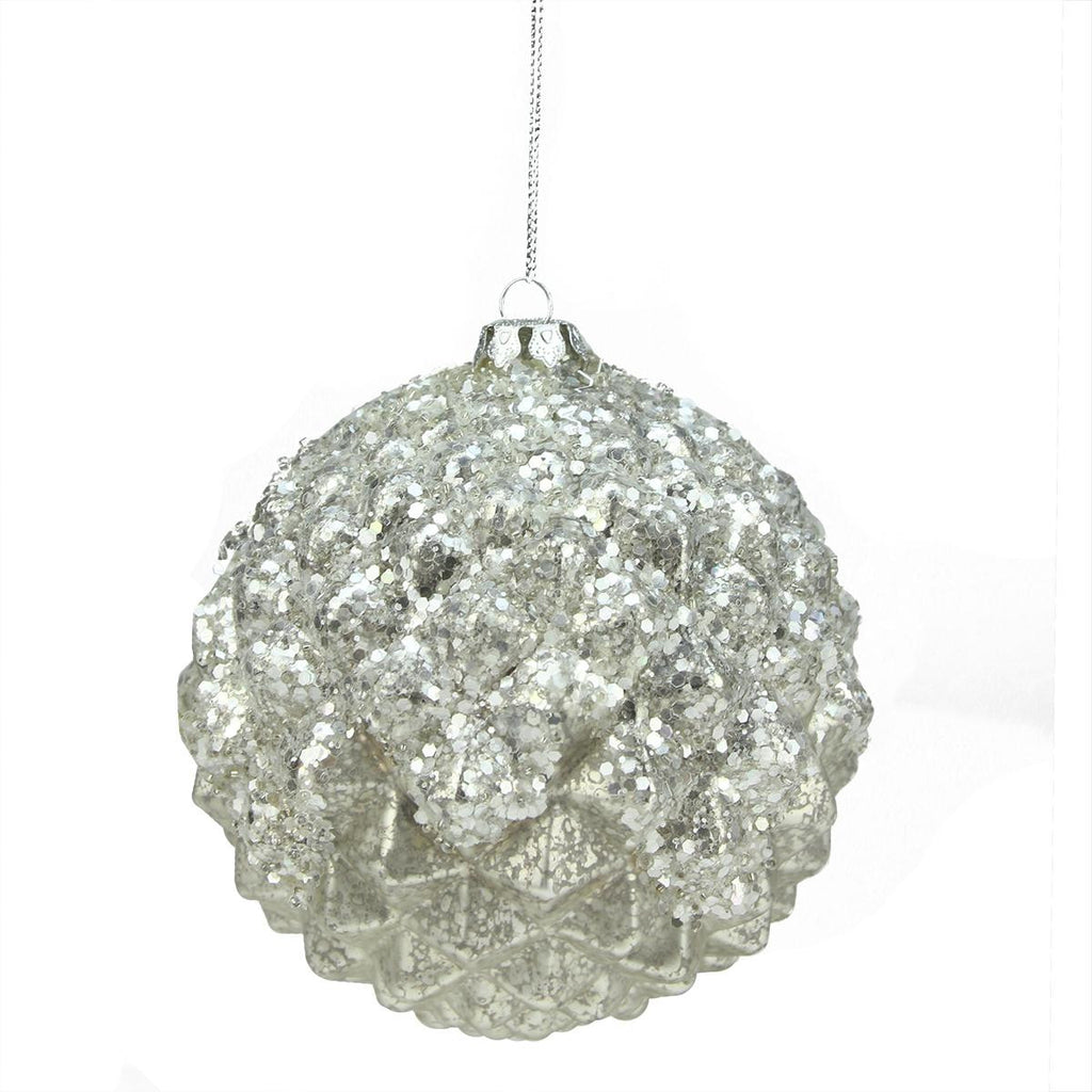 6" Winter Light Silver Glittered Faceted Mercury Glass Christmas Ball Ornament