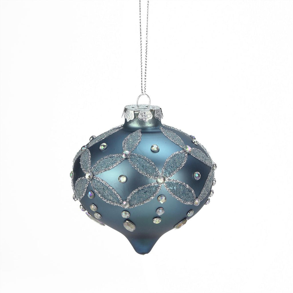 4" Winter Light Icey Blue Glittered and Jeweled Glass Christmas Onion Ornament