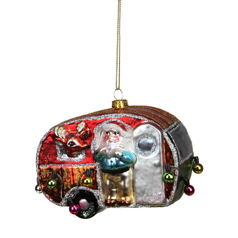 4.5" Camper Van Trailer with Santa and Reindeer Glass Christmas Ornament