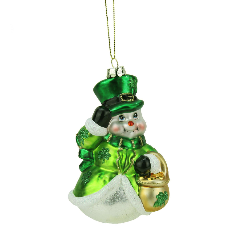 4.25" Luck of the Irish Green and White Glittered Snowman Glass Christmas Ornament