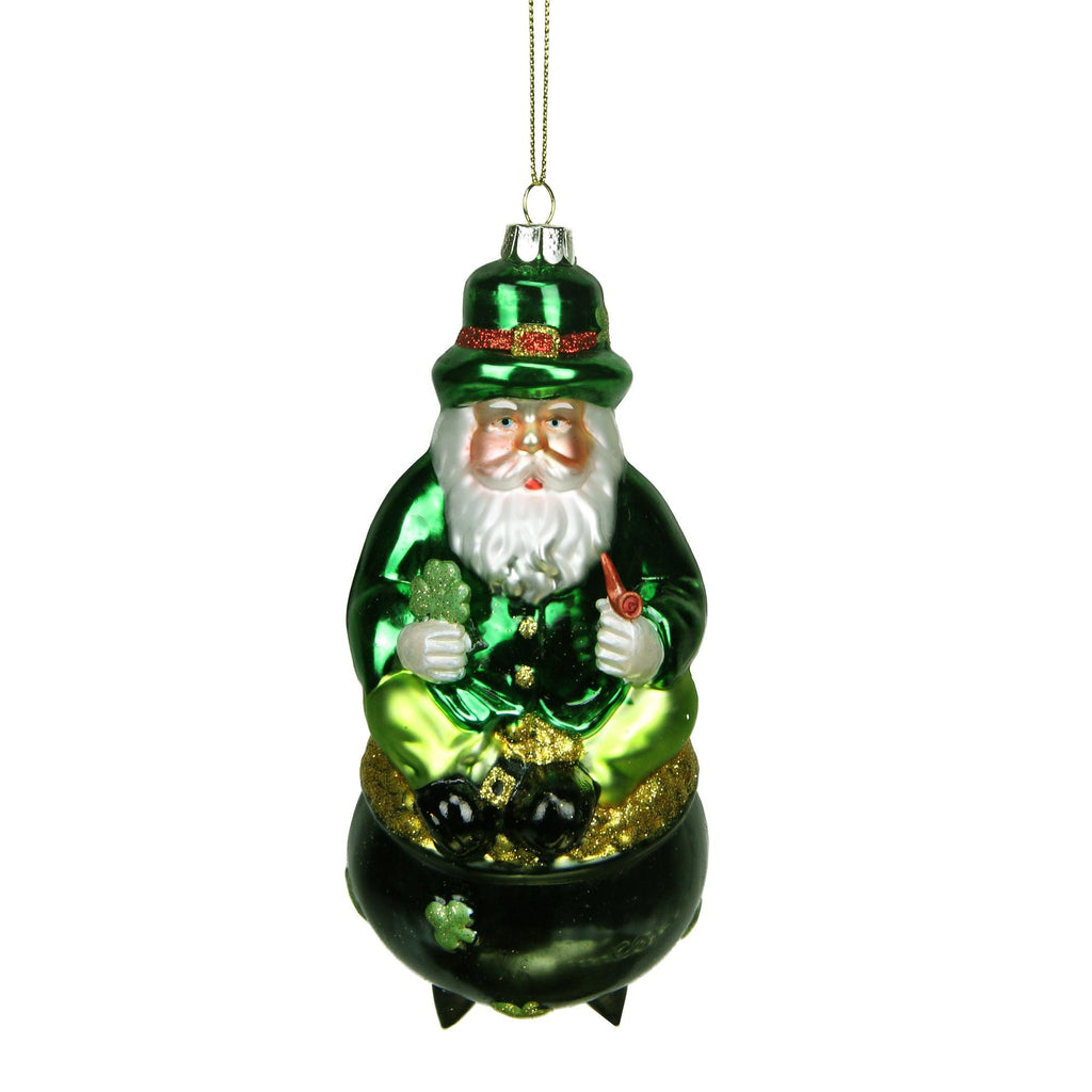 6" Luck of the Irish Green and Black Santa Sitting on Pot of Gold Glass Christmas Ornament