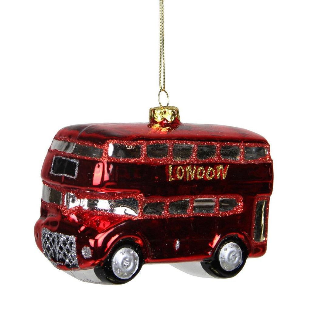 4.25'' Red and Gold Glittered "London" Double Decker Glass Tour Bus Christmas Ornament