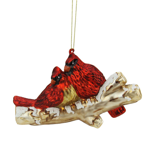 4" Red Glitter Cardinal Birds on Snowy Branch Glass Christmas Ornament