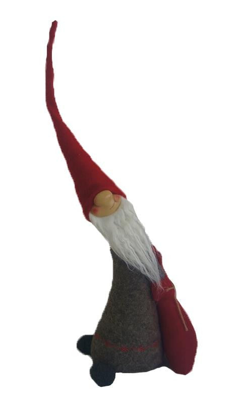 42" Red and Grey Tall Standing Santa Gnome w- Sack at Side Christmas Figure