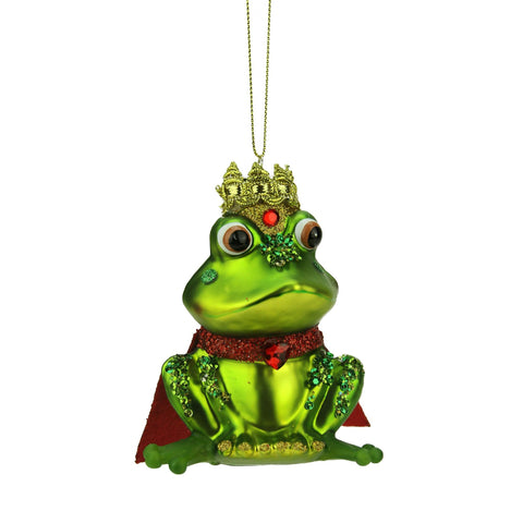 4.25'' Green and Red Glittered King Frog Glass Christmas Ornament