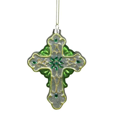 5" Luck of the Irish Green and White Mercury Finish Cross Glass Christmas Ornament