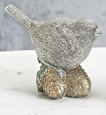 4.5" Vintage Platinum Glittered Bird on Pine Cones Christmas Table Top Figure