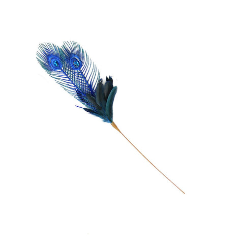 26" Regal Peacock Blue and Green Feather, Glitter and Faux Jewel Christmas Floral Pick