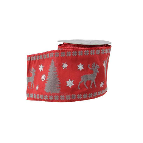 Alpine Chic Red, Silver and Dark Gray Reindeer Christmas Craft Ribbon 4" x 10 Yards