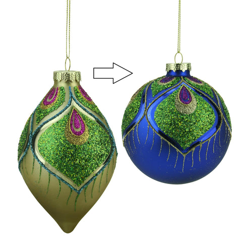 4" Regal Peacock Blue and Green Glittered Glass Ball Christmas Ornament