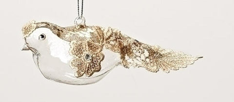 6.5" Elegant Gold Glitter, Lace and Rhinestone Glass Bird Christmas Ornament